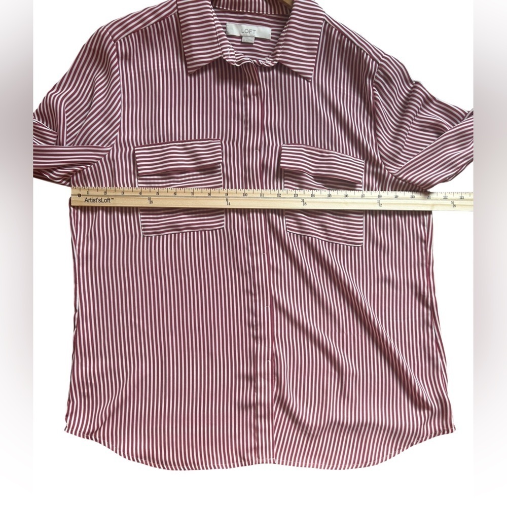 LOFT Women’s Stripped Dress Shirt Maroon and White Size L - Picture 6 of 10